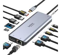 Station d'accueil USB C pour 2 moniteurs, double HDMI 4K DP Triple Display Hub 10G, 13 en 1, 2 x 4 K, DisplayPort, USB3.1, RJ45, 100 W PD, lecteur de carte, audio/Mic, station d'accueil pour Dell HP