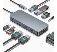 Station d'accueil USB C pour ordinateur portable, 10 en 1 Triple Display Monitors Adaptateur 4K Dual HDMI, 1080P VGA, 3 USB 3.0/2.0, TF/SD 2.0, audio 3,5 mm, 100 W PD, compatible avec MacBook, HP,