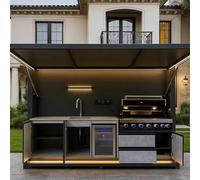 Station de barbecue à dimensions personnalisées, barre extérieure modulaire | Options d'appareils sur mesure, couvercle d'abri hydraulique, rails d'éclairage LED d'ambiance et tiroirs à ustensiles pour
