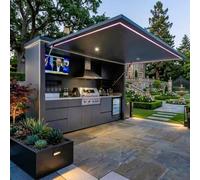 Station de barbecue préfabriquée sur mesure, barre extérieure modulaire | Découpes d'équipement sur mesure, toit hydraulique automatique, bacs en acier inoxydable et plateau à condiments pour mise à