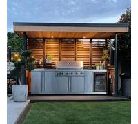 Station de barbecue sur mesure, suite de cuisine préfabriquée de taille | Ouvertures sur mesure pour appareils électroménagers, toit escamotable automatique, boîtier de réfrigérateur compact et