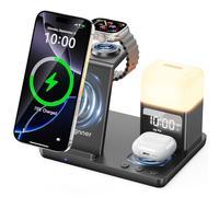 Station de Charge avec Lampe de Nuit et réveil, Chargeur Induction 6 en 1 pour iPhone 17/16/15/14/13/12/11,Chargeur sans Fil Convient pour iWatch Series,AirP0ds 4/3/2/Pro (Noir)