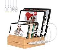 Station de Charge Bambou Chargeur Multiple Organisateur des Câbles 5 Ports USB Multi Charges pour Smartphones Tablettes
