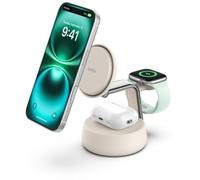 Belkin UltraCharge Pro 3 en 1 Chargeur Induction Qi2 25W, Station de Charge pour iPhone 16, Apple Watch, AirPods, Pixelsnap, Chargeur Compatible avec MagSafe avec Ventilateur et Adaptateur 45W - Beige