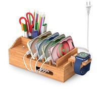 Station de charge en bambou pour plusieurs appareils avec chargeur USB 5 ports, 6 câbles de charge et support de montre intelligente. Station d'accueil de bureau en bois pour téléphone portable,