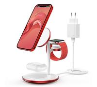 Station de Charge inductive, Chargeur de Station de Charge sans Fil 3 en 1, Chargeur sans Fil Compatible avec Chargeur Mag Safe pour iPhone 15 14 13 iWatch Ultra 2/1,Series 9 Rouge