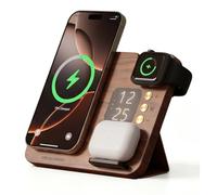 Station de charge magnétique sans fil 3 en 1 avec horloge, support de charge pliable en bois de noyer 15 W pour iPhone 17/16/15/14/13/12, Apple Watch Ultra/10/9/8, AirPods, chargeur de table de nuit