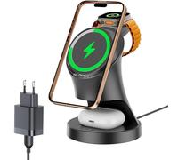 Station de charge pour Apple Watch et iPhone, chargeur sans fil 3 en 1, station de charge inductive/chargeur sans fil pour la série d'appareils MagSafe iPhone 16/15/14/13/12, AirPods Pro 1 2 (Schwarz)