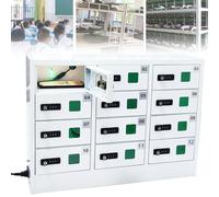 Station de charge pour casier de téléphone portable à 12 emplacements avec 3 câbles de charge et fenêtre en acrylique, deux méthodes de déverrouillage pour un rangement et un chargement sécurisés du
