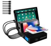 Station de charge rapide PD20W QC3.0 multi-ports USB, station de charge Qi sans fil 9 en 1 pour plusieurs appareils avec écran LCD compatible avec iPhone, iPad, Samsung, Huawei et plus encore