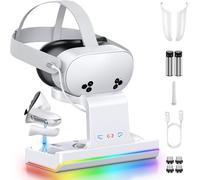 Station de Charge Rapide pour Meta Quest 3S, Dock Compatible Casque & Manettes avec Éclairage RGB, 2 Batteries Rechargeables, Chargeur Magnétique pour Quest 3S VR Accessoires