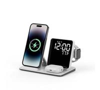 Station de charge rapide sans fil 4 en 1 15 W, support de charge pliable avec réveil numérique LED et affichage de la température, station de charge multiple pour iPhone, appareils Qi