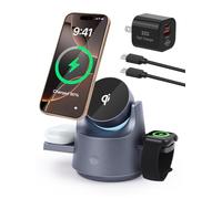 Station de charge sans fil 3 en 1 pour appareils Apple, chargeur PDMAX Mag-Safe et lumière RVB, chargeur sans fil rapide 15 W pour iPhone 16, 15, 14, 13, 12, iWatch et AirPods, gris (chargeur PD 33 W