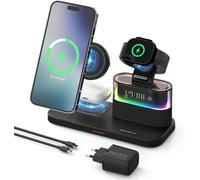 Station de Charge sans Fil 3 en 1 pour iPhone 17/16/15/14/13/12/11 Pro/Max, Montre et Earbuds, Chargeur Induction Magn¿¿tique Qi2 avec R¿¿veil et Lumi¿¿re RVB, avec Adaptateur QC 3.0