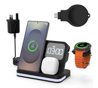 Station de charge sans fil 4 en 1, chargeur sans fil avec réveil, compatible avec Samsung S25/S24/S23/S22/S21 Ultra Plus, Z Flip Fold 6/5/4 Note 20 Galaxy Watch 7/6/5/4/3 Galaxy Buds
