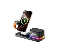 Station de Charge Sans Fil 5 en 1 avec Haut-Parleur , Réveil et Veilleuse, Support de Charge Rapide pour Smartphone