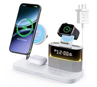 Station de charge sans fil 5 en 1 avec réveil et veilleuse, support de charge rapide de 15 W pour iPhone 17 16 15 14 13 Pro Max et Apple Watch et AirPods, station d'accueil de chevet avec prise 33 W