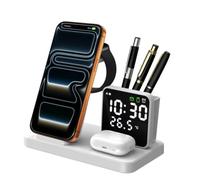 Station de charge sans fil 5 en 1 avec support pour stylo de réveil, chargeur sans fil rapide pour iPhone 17/16/15/14/13/12/Pro/Max/Air, pour iWatch et AirPods, support de chargeur avec