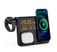 Station de charge sans fil pliable 3 en 1 avec réveil numérique, support de charge rapide de 15 W pour iPhone 15/14/13/12, série Apple Watch, écran LED avec température et date (blanc)