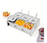 Station de garniture pour pizza, récipients à condiments en acier inoxydable avec 6 casseroles 1/6 et couvercles pour ingrédients, sauce, salade, confiture, fruits