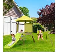 CostwayPortique de Balançoire 4 en 1 pour Enfants Aire de Jeu en Métal avec Cabane Couverte Siège Bébé Réglable en Hauteur Toboggan & Échelle Vert