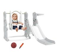 Station De Jeux 4 en 1 Lapin Toboggan+Balançoire+Panier Basket+Espace Motricité. Jeu d'intérieur/Extérieur Enfant 1,5-4 Ans Gris