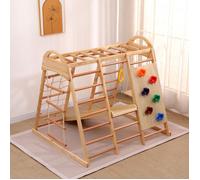 Station de jeux 7 en 1 en bois de hêtre massif avec balançoire toboggan filet échelle anneaux mur d'escalade et tente