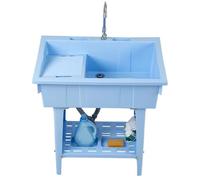 Station de lavage des mains portable d'extérieur - Évier en plastique sur pied avec robinet d'eau chaude et froide, bac à linge utilitaire idéal pour le camping, le jardin, le garage et les événements