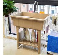 Station de lavage des mains portable, éviers utilitaires extérieurs, évier de cuve à lessive de salle de lavage autonome en plastique avec kit de vidange de robinet de planche à laver (Khaki Single)