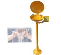 Station de lavage des yeux d'urgence avec plaque phosphorescente, contrôle du débit, grand drain et lavabo rabattable pour la sécurité des laboratoires et des lieux de travail