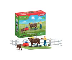 Station de lavage pour vache, Coffret de jeu avec 1 figurine de vache, 1 veau et 1 figurine humaine - SCHLEICH 42529 FARM WORLD