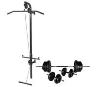 Station de musculation murale avec tour de traction, haltère et haltères courtes, disques d'haltères de 60,5 kg, construction en acier robuste, comprend deux poulies, barre de traction et câble