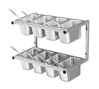 Station de préparation pour pizzas, récipients à assaisonnements double couche en acier inoxydable avec cuillère, plateaux compartimentés pour sauces et fruits, idéale pour la cuisine et les restaur