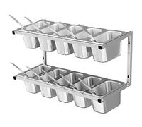 Station de préparation pour pizzas, récipients à assaisonnements double couche en acier inoxydable avec cuillère, plateaux compartimentés pour sauces et fruits, idéale pour la cuisine et les restaur