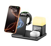 Station de Recharge inductive 6 en 1, Chargeur sans Fil 15 W avec réveil et veilleuse, Chargeur sans Fil Compatible avec Galaxy S25/24/Galaxy Buds3/Galaxy Watch, Phone 16/15/EarPods4/3