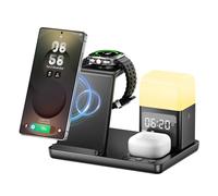 Station de Recharge inductive 6 en 1, Chargeur sans Fil 15W avec réveil et veilleuse, Chargeur sans Fil Compatible avec Samsung Galaxy S25/24/Galaxy Buds3/Galaxy Watch, iPhone 16/15/AirPods4/3