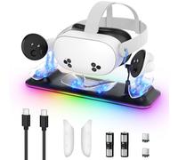 Station de Recharge pour Meta Quest 3S/3, Kinwin Station de Charge magnétique pour Accessoires Oculus Quest 3S/3 avec lumière RVB, Support de Charge pour Casque VR et Manette avec 2 Piles