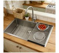 Station de travail de cuisine, évier en acier inoxydable 304 brossé, 85 x 48 cm, 1 bac encastrable, grand évier de cuisine, moderne, avec bonde avec trop-plein, sous-étagère, égouttoir à enrouler