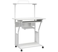 Station De Travail Mobile - Bureau Informatique Sur Roulettes - 3 Étagères, Tablette Clavier - Blanc