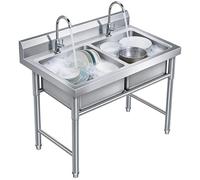 Station d'évier utilitaire complète, évier commercial à double cuve avec tous les accessoires, évier autoportant en acier inoxydable 304 avec robinets, dosseret et kit de vidange, facile à installer
