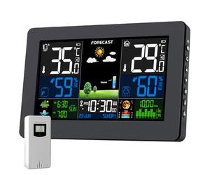 Station Météo Avec Capteur Extérieur, DCF Écran LCD Sans Fil Coloré Météorologique Numérique Baromètre Phase de Lune Alarme Réveil Météo Prévision Rétroéclairage Réglable
