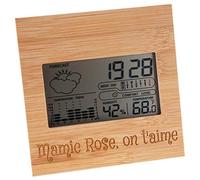 Station météo en bois avec gravure texte - Station météo personnalisable avec façade en bois de bambou - Horloge, réveil, calendrier, thermomètre