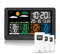 Station Meteo Interieur Exterieur Sans Fil avec 3 Capteurs, Écran Couleur, Station Météo avec Baromètres, Prévisions Météorologiques, Thermomètre Hygromètre, Affichage Température et Humidité, Réveil