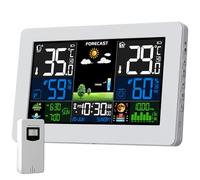 Station Météo Numérique Sans Fil avec Capteur Extérieur, Écran LCD Coloré, Baromètre, Phase de Lune, Alarme, Réveil, Prévision Météo, Rétroéclairage Réglable, Blanc