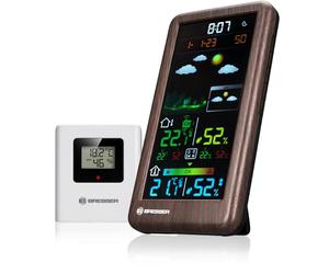 Station météo radio Bresser avec écran couleur, effet bois, capteur extérieur, prévisions météo, température et humidité, alerte gel, réveil, indicateur confort intérieur