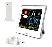FISHTEC - Station météo radio pilotée écran LCD 3 couleurs - Température extérieure blanche hygrométrie bleue heure date alarme vertes - Capteur sans fil 60 m mini maxi - Réglage automatique