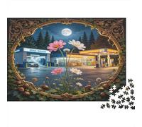 Station Service Nuit Puzzle 1000 Pièces Papier pour Adultes Fleurs de Lotus Rêveuses Jeu de Puzzle 1000 Pièces Décoration Maison Détente 38x26cm/1000pcs