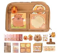 Stationery Bag Set with 12 Compartments, Cute Animal Pencil Case, Zippered with Study Supplies, Large Capacity Pencil Case with Pens, Clips, Stickers, Rulers and More (Brown)