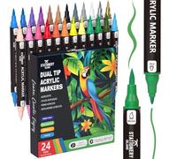 STATIONERY ISLAND Feutre Acrylique Peinture stylo 24 Couleurs Marqueur Peinture Acrylique Pointe Fine & Pinceau Acrylic Paint Marker pour Roche Tissu Pierre Bois Verre Papier Plastique