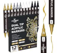 STATIONERY ISLAND Feutres Acryliques Métalliques - 12 Stylos Or, Argent, Blanc et Noir - Marqueurs Acryliques à Double Pointe Fine et Pinceau à Base d’Eau pour Pierre, Verre, Bois, Métal et Céramique